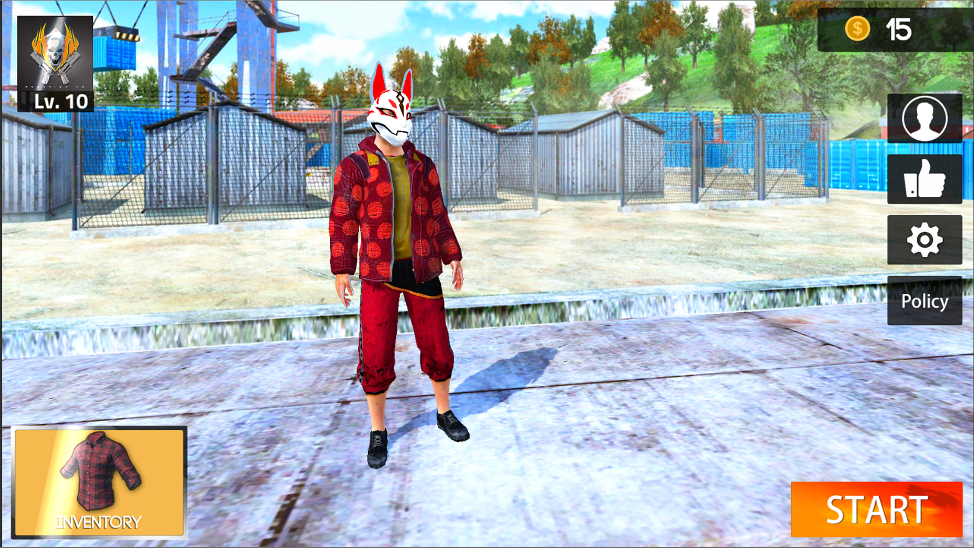 Battleground Survival Shooter main menu with a masked character in a red jacket, inventory and Start button