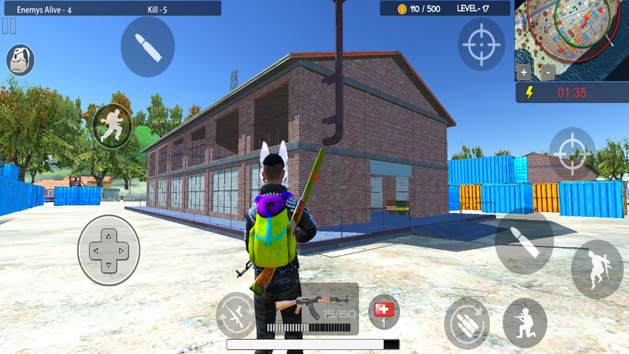 Battleground Survival Shooter screenshot: player with a rifle beside a large brick warehouse with mini-map and HUD