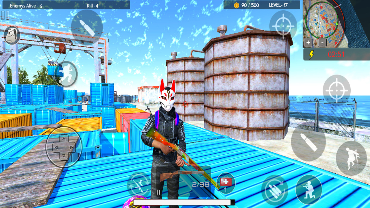 Battleground Survival Shooter screenshot: masked player holding a rifle on shipping containers near storage tanks