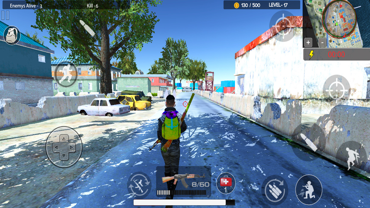 Battleground Survival Shooter screenshot: player walking down a street past wrecked cars with enemies-alive and kill counters